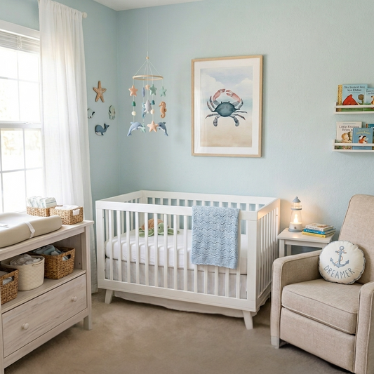 montessori ocean nursery art print watercolour crab neutral baby room wall decor